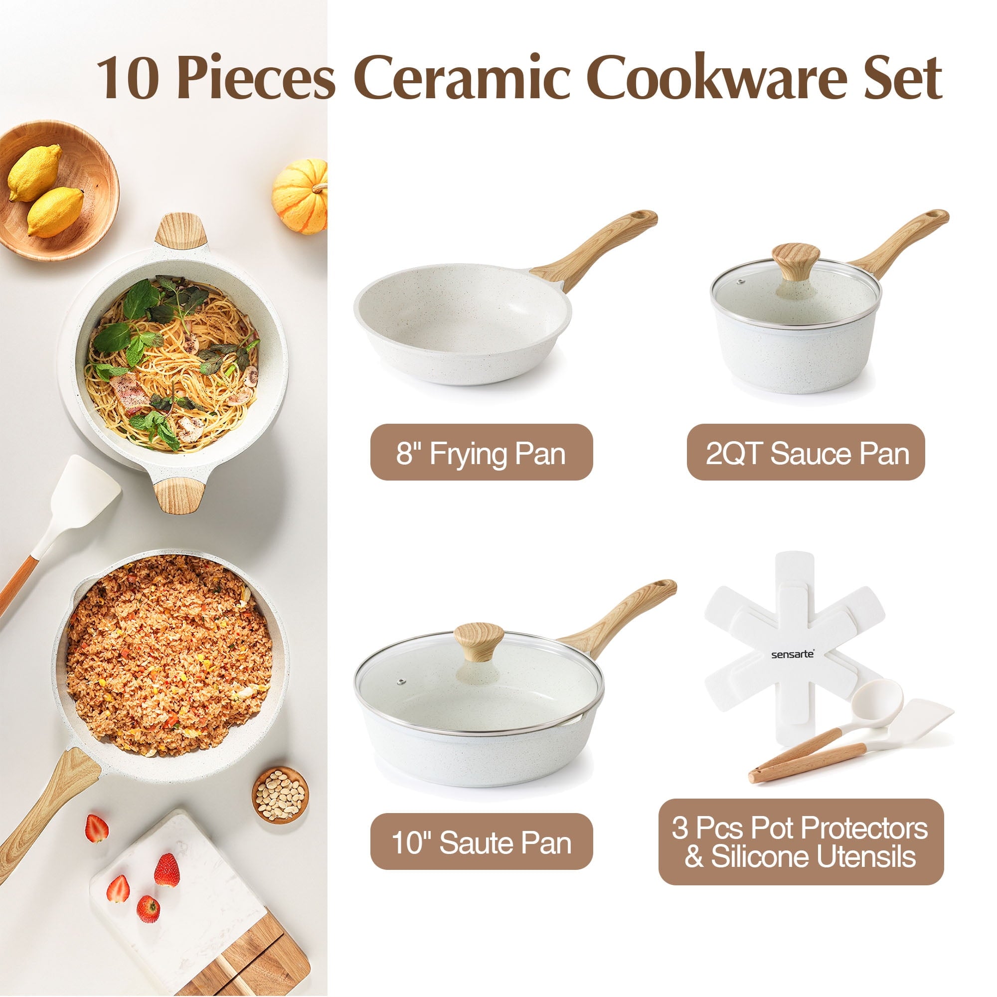 Ceramic Nonstick Pots and Pans Set, 10Pcs Healthy Non Stick Cookware Set with Pots Protectors, Induction Kitchen Cook... - Image 2
