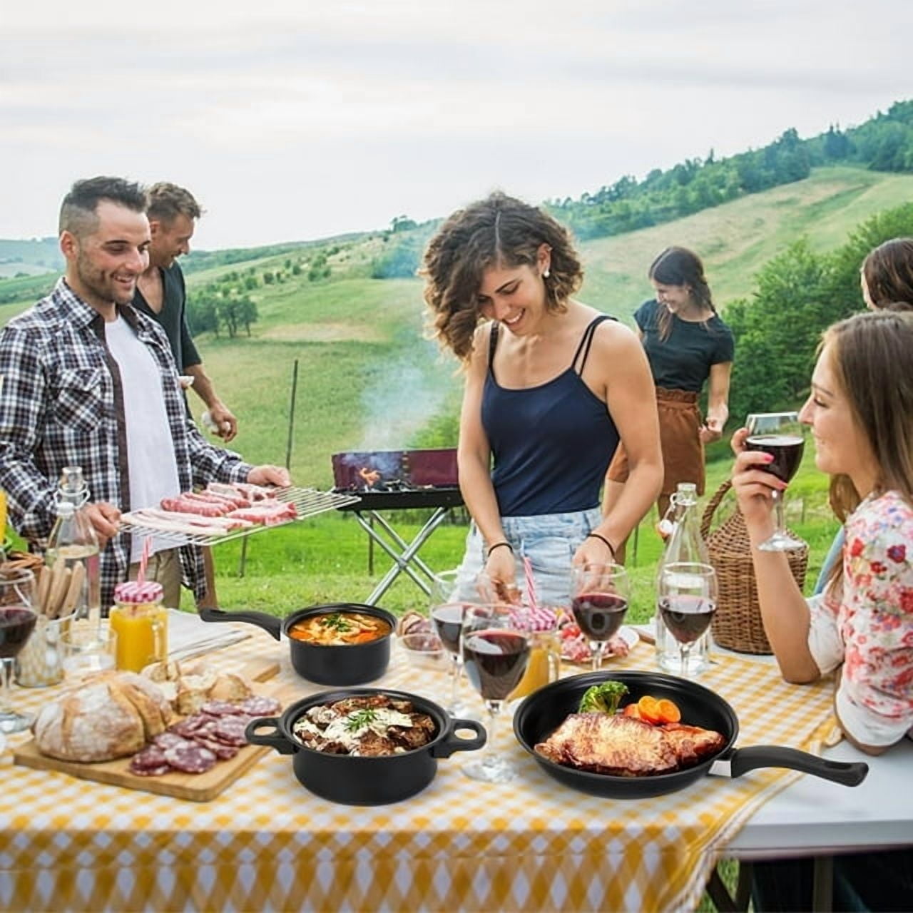 Cookware Set, Small Cast Iron Pots and Pans with Glass Lids and Nylon Utensils for Outdoor Cooking - 13 Piece Set, Black