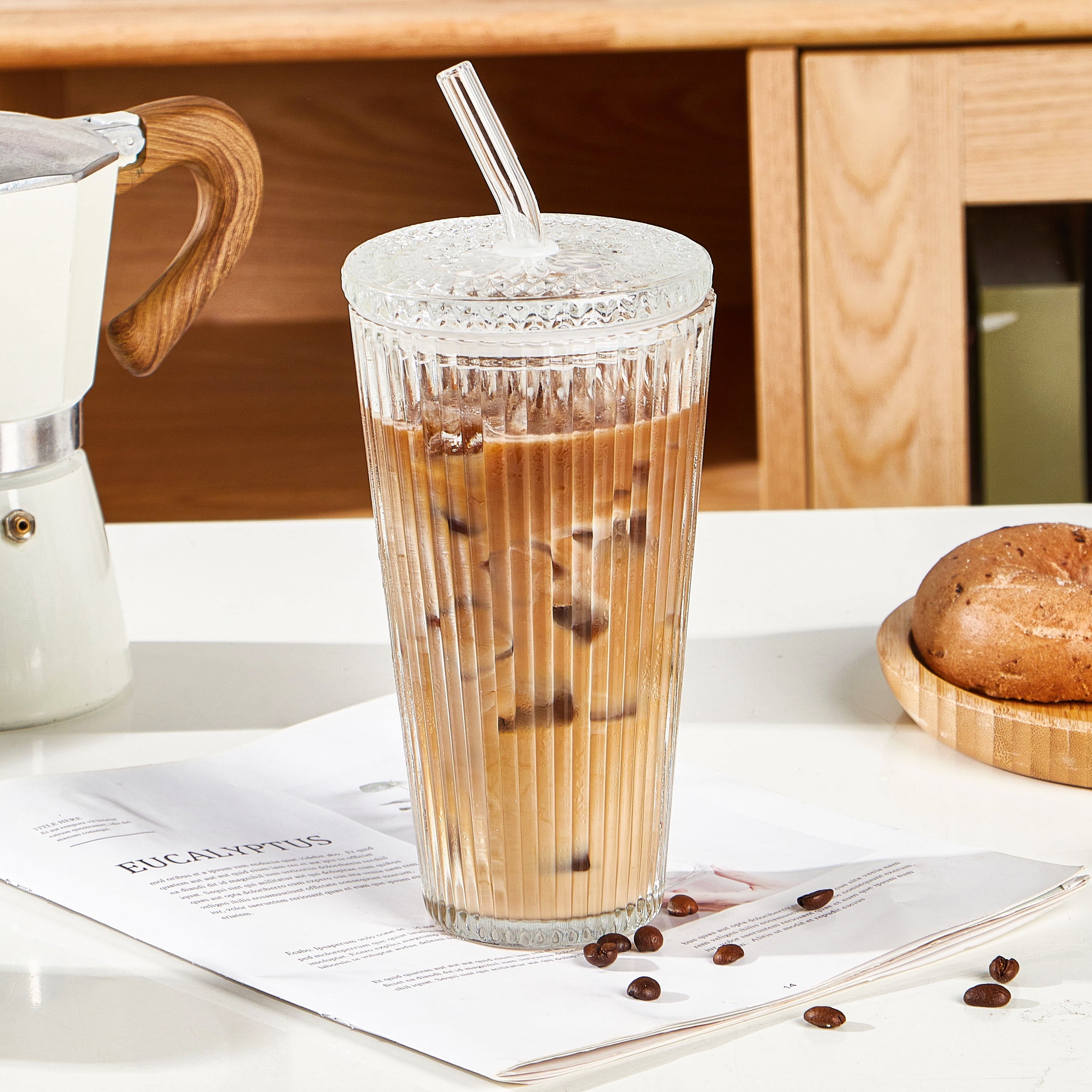 Glass 21oz Tumbler Ribbed with Glass Lid and Straw - Image 3