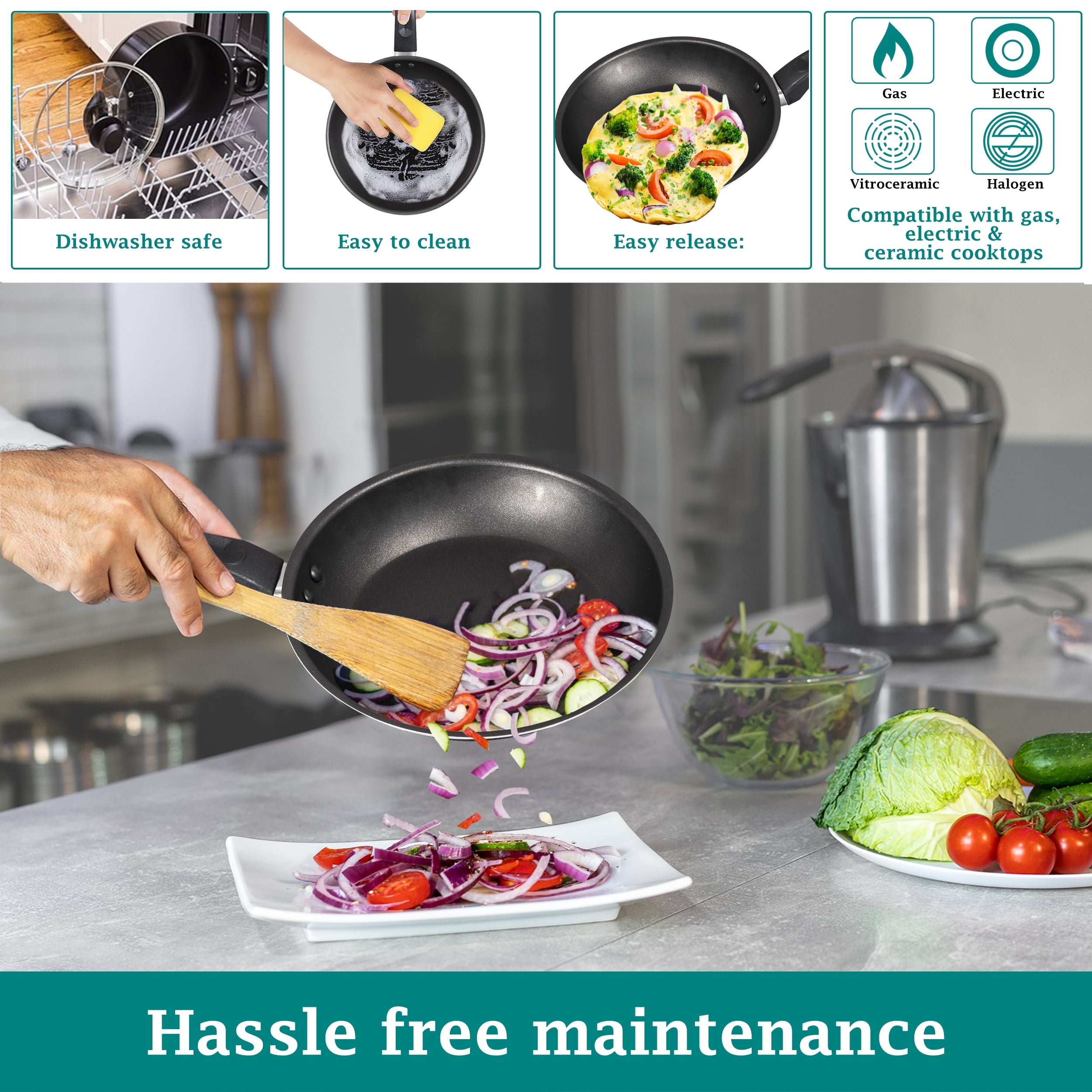 7 Piece Non Stick Aluminium, Pots and Pans Cookware Set, Black - Image 4