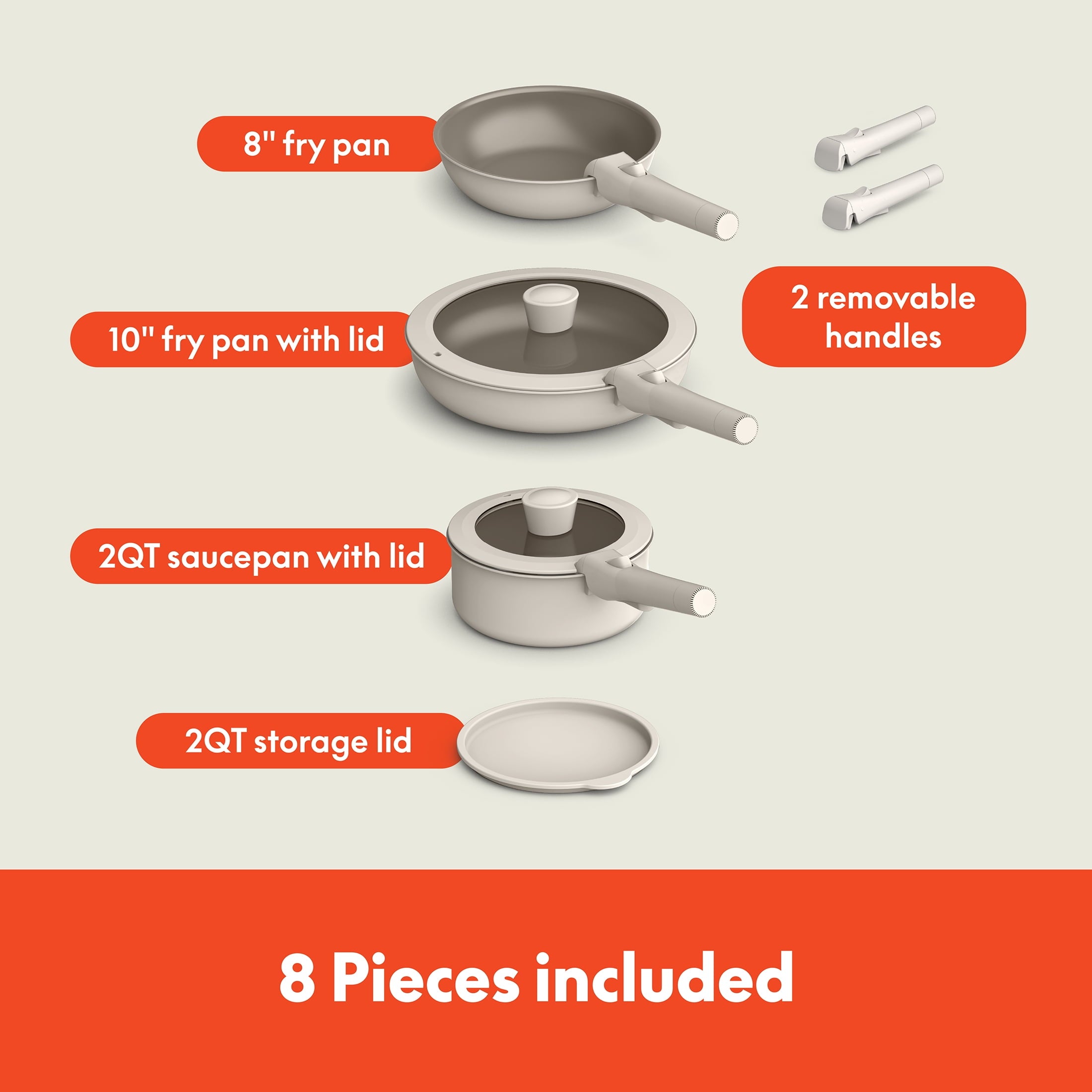 8-Piece Piece Ceramic Cookware Set with Removable Handles, Oatmilk